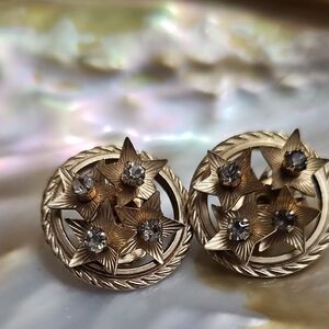 Vintage 1960 Stars And Ribbon Gold Tone Earrings with Crystal Accents